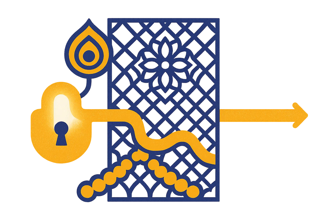 A key of light passing through a decorative lattice screen, in indigo and marigold
